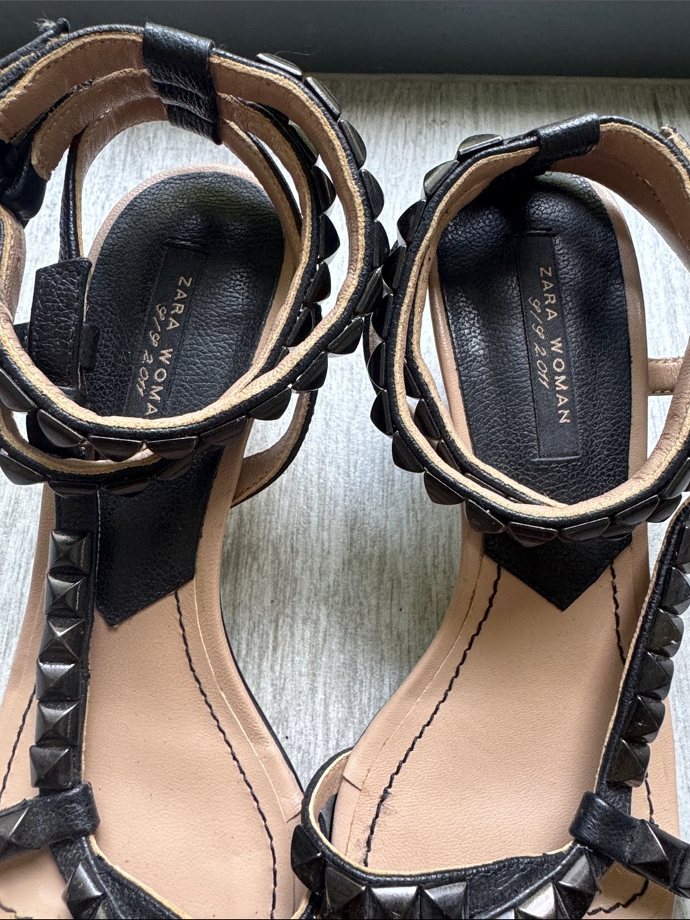 Zara Black Studded T-Strap Ankle Sandals size 37 Heels - Picture 5 of 10